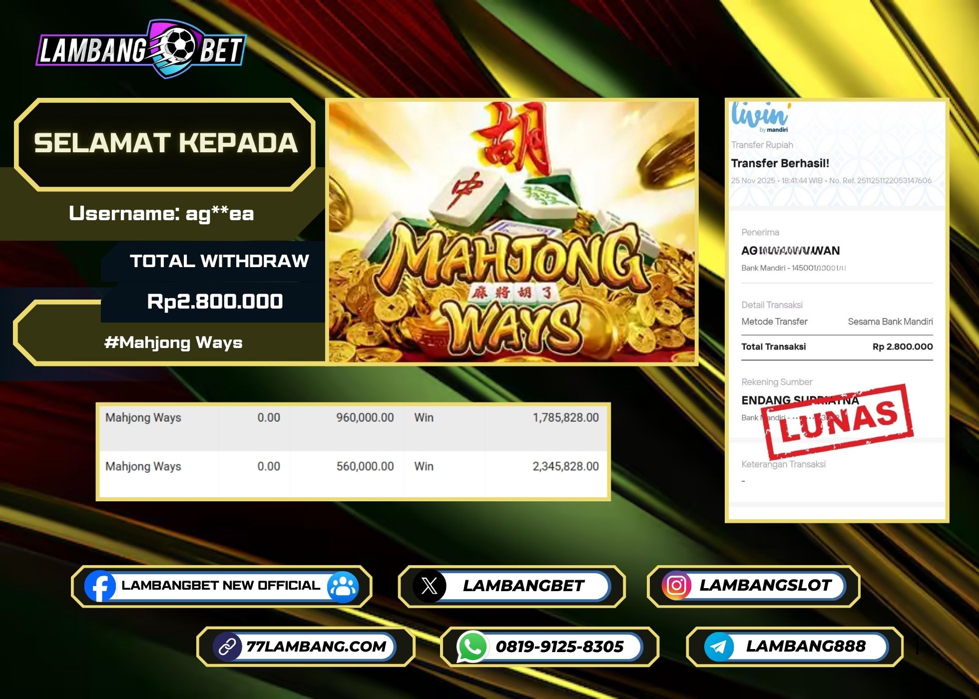 LAMBANGBET [25 NOVEMBER 2025] JACKPOT SLOT Mahjong Ways "Rp2.800.000" LUNAS